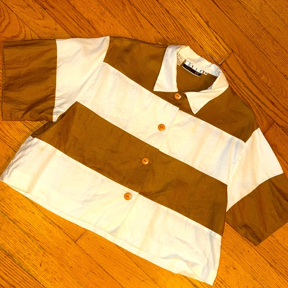 🌼KENAR, ETC BROWN AND WHITE CROP TOP WITH BOLD STRIPES - WOMENS MEDIUM🌼